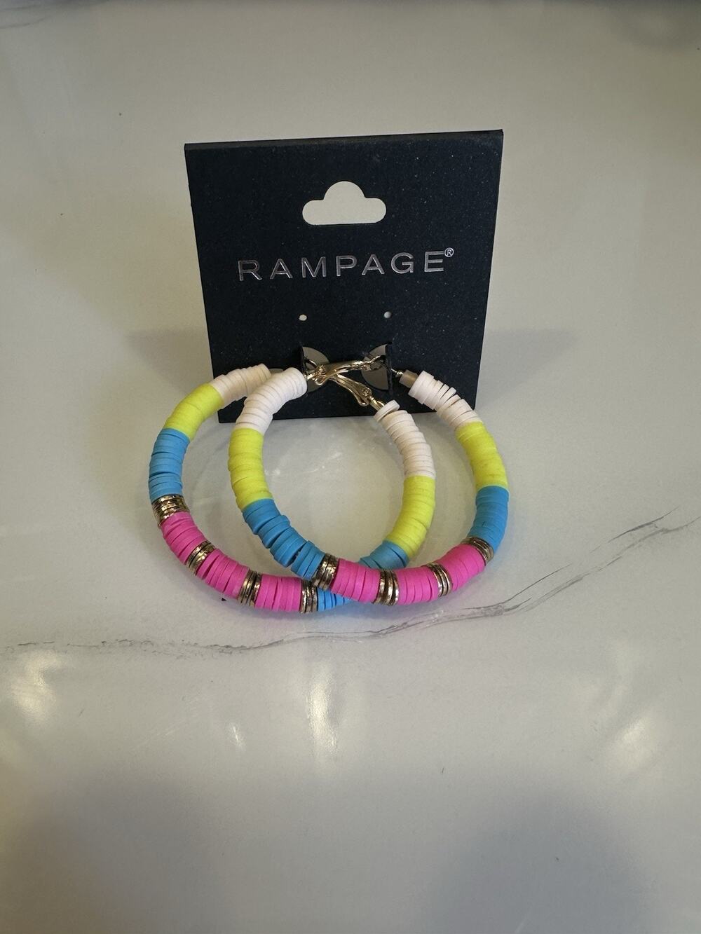 Rampage Hoop Earrings 2” Bright Multicolor Beads Pink Blue Yellow & White NEW